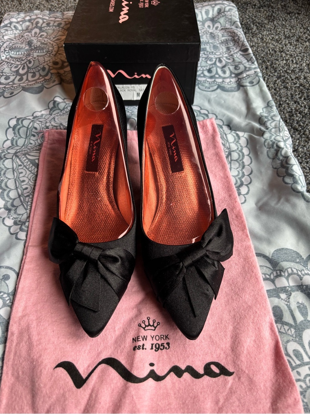 Nina Black Satin Pointed Toe Bow Flats Paladin